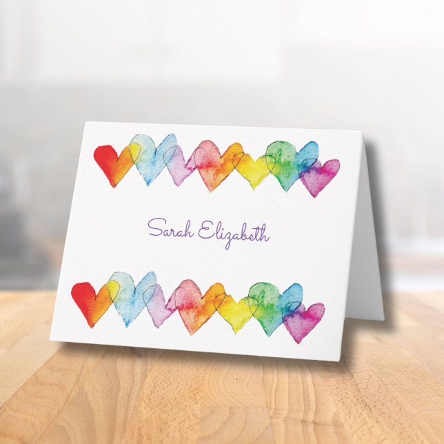 Personlig Watercolor Rainbow Hearts Cute Boho Anteckningskort (These personalized hand-illustrated hearts note cards make a beautiful gift for her.)