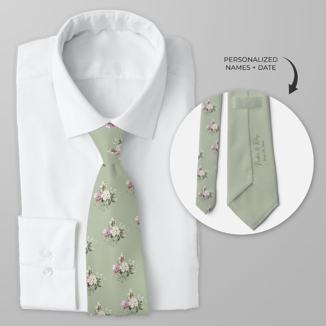 Personlig Watercolor Rosa ros Slips (Sage green personalized wedding tie with pink roses)