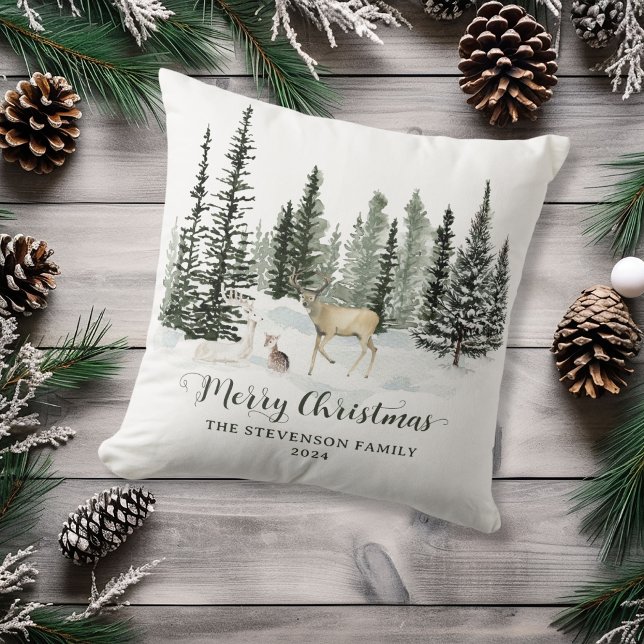 Personlig Watercolor Woodland God jul Kudde (Personalized Watercolor Woodland Merry Christmas Throw Pillow)