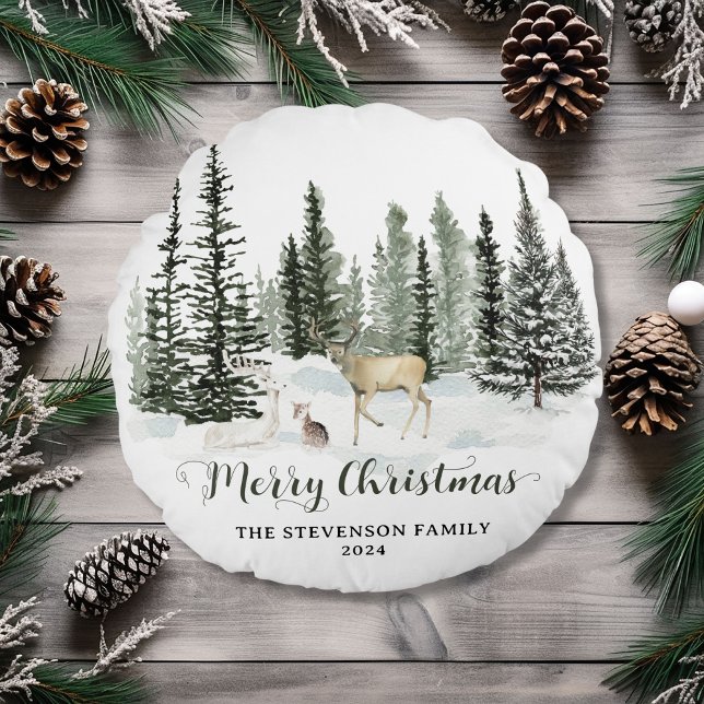 Personlig Watercolor Woodland God jul Rund Kudde (Personalized Watercolor Woodland Merry Christmas Round Pillow)