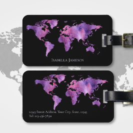 Personlig Watercolor World Map Lila and Black Bagagebricka
