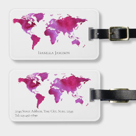 Personlig Watercolor World Map Rosa White Bagagebricka