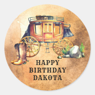 Personlig Westernt tema Stagecoach Birthday Cl Runt Klistermärke