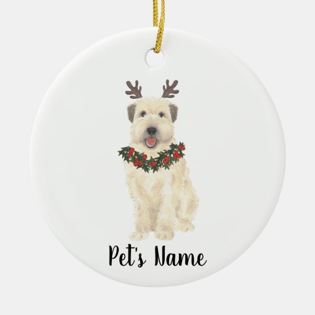Personlig Wheaten Terrier Antlers och Bow Tie Julgransprydnad Keramik (Framsidan)