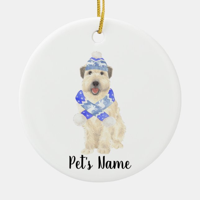 Personlig Wheaten Terrier jul Blue Scarf Julgransprydnad Keramik (Framsidan)