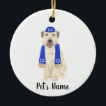 Personlig Wheaten Terrier Yarmulke och Scarf Julgransprydnad Keramik<br><div class="desc">Jag är i kärlek med denna vackert detaljerade vattenfärgsillustration av ett ler, väktat skräckfält med liten blå och vit yarmulke och sjalettutrustning! Anpassa dessa prydnadsföremål och gör den trevliga listan i år! För perfekten presenter, koppla ihop den med en matchande artikel från samlingen för en tänkvärd uppvärmning av hushållet, möhippa,...</div>