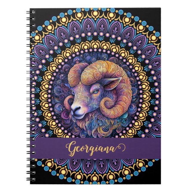 Personlig Whimsical Aries Zodiac Dot Mandala Anteckningsbok (Framsidan)