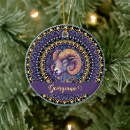 Personlig Whimsical Aries Zodiac Dot Mandala Julgransprydnad Keramik