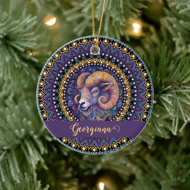 Personlig Whimsical Aries Zodiac Dot Mandala Julgransprydnad Keramik (Träd)