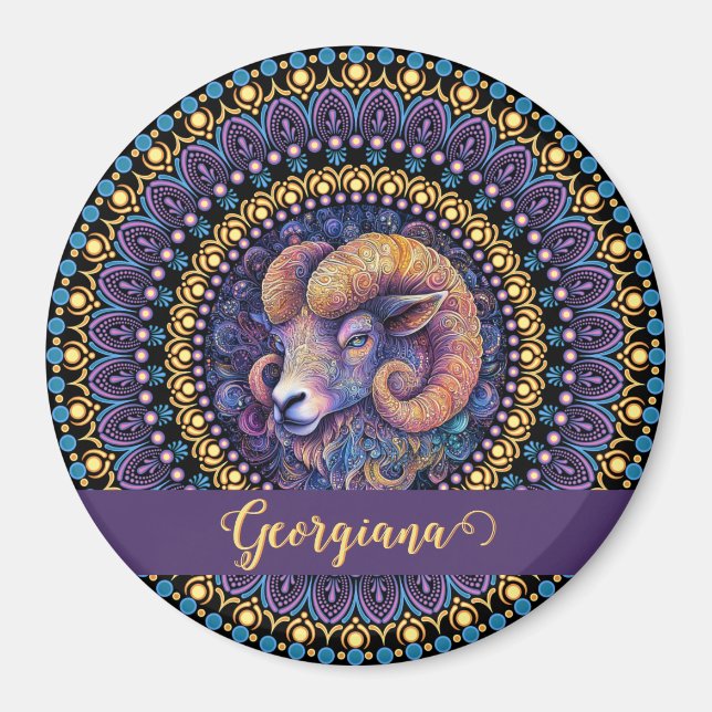 Personlig Whimsical Aries Zodiac Dot Mandala Magnet (Framsidan)