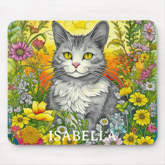 Personlig Whimsical Katt och Blommor Musmatta (Framsidan)