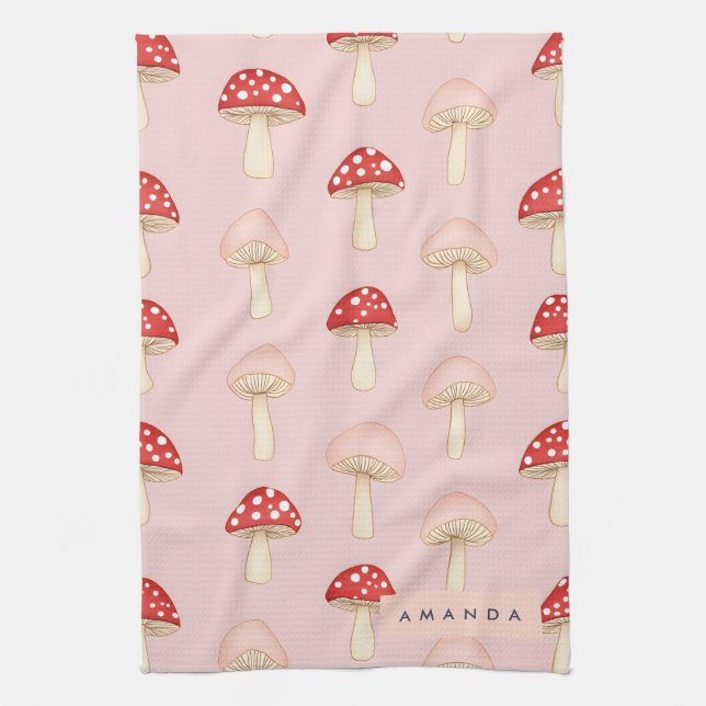 Personlig Whimsique Red Rosa Mushroom Mönster Kökshandduk (Vertikal)