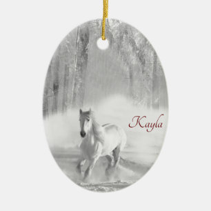 Personlig White Arabian Horse in Snowy Forest Julgransprydnad Keramik