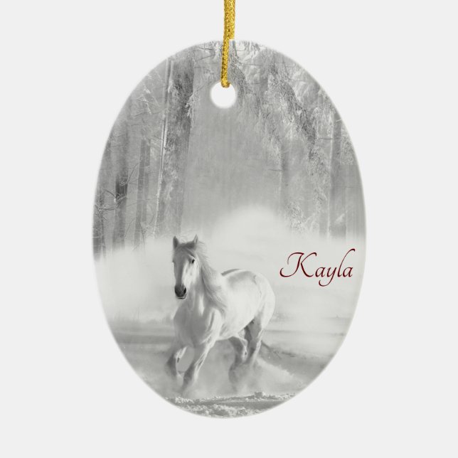 Personlig White Arabian Horse in Snowy Forest Julgransprydnad Keramik (Framsidan)