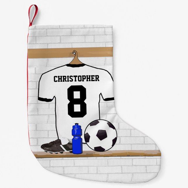 Personlig White Black Football Soccer Jersey Liten Julstrumpa (Framsidan)