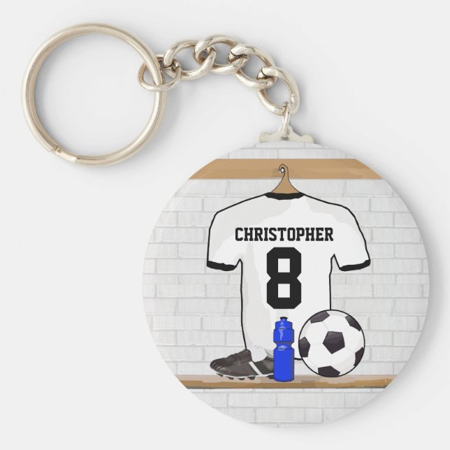 Personlig White Black Football Soccer Jersey Nyckelring (Framsidan)