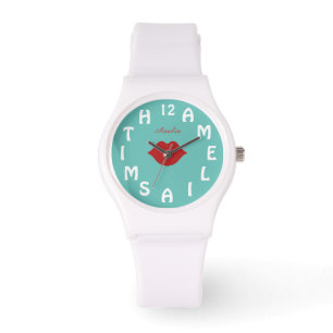 Personlig White Brev Dial Teal Red Läppar Armbandsur