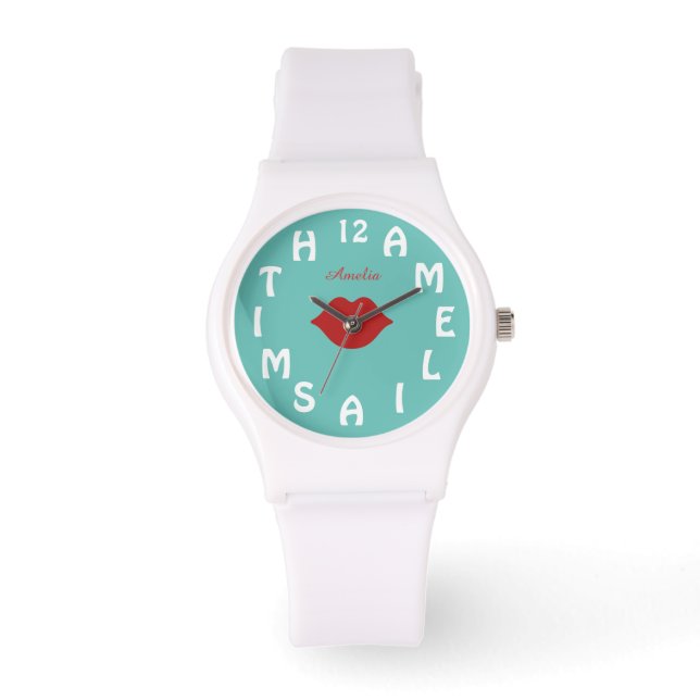 Personlig White Brev Dial Teal Red Läppar Armbandsur (Framsida)