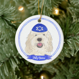 Personlig White Cream Doodle Hund Hanukkah Julgransprydnad Keramik
