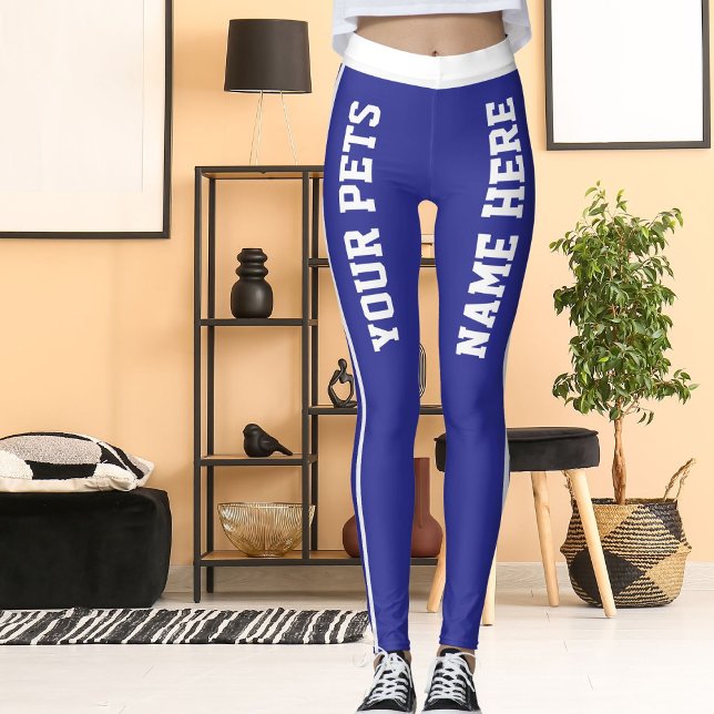 Personlig White Deep Blue Rand Pet Namn Leggings (Skapare uppladdad)