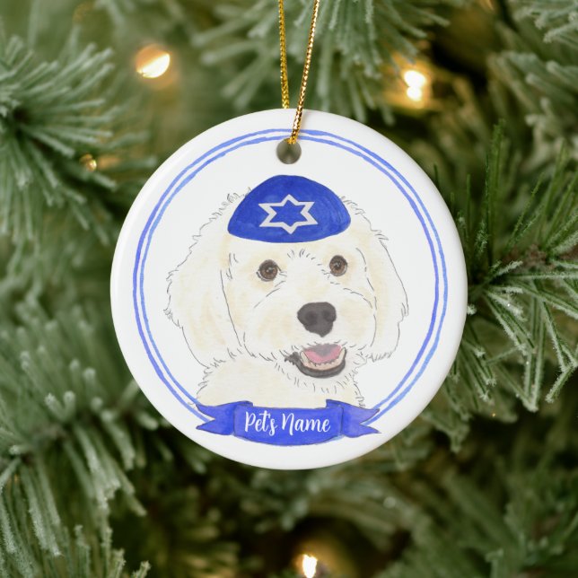 Personlig White Doodle Hund Hanukkah Julgransprydnad Keramik (Träd)