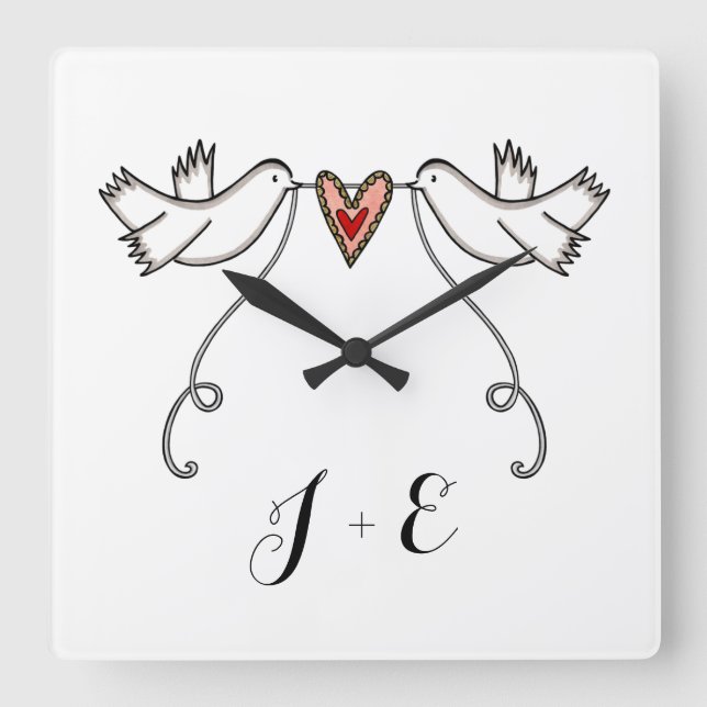 Personlig White Doves Bröllop Gift Acrylic Fyrkantig Klocka (Framsida)