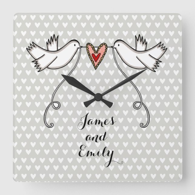 Personlig White Doves Bröllop Gift Acrylic  Fyrkantig Klocka (Framsida)