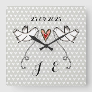 Personlig White Doves Bröllop Gift Acrylic Squ Fyrkantig Klocka