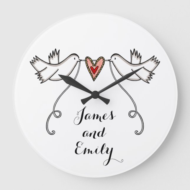 Personlig White Doves Bröllop Gift Acrylic  Stor Klocka (Framsida)