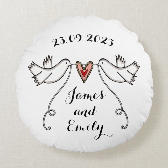 Personlig White Doves Bröllop Gift Cushion Rund Kudde (Framsidan)