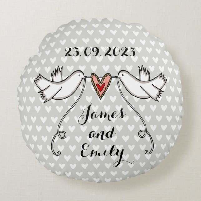 Personlig White Doves Bröllop Gift Cushion Rund Kudde (Framsidan)