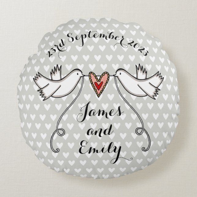 Personlig White Doves Bröllop Gift Cushion Rund Kudde (Framsidan)