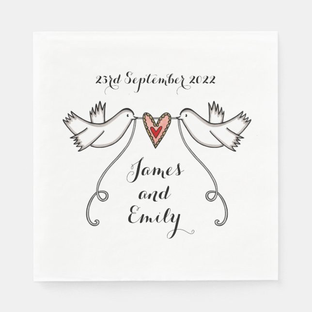 Personlig White Doves och Kärlek Heart Bröllop Pappersservett (Framsidan)
