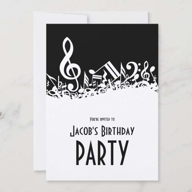 Personlig White Jumpled Musik noter på Black Inbjudningar (Framsida)
