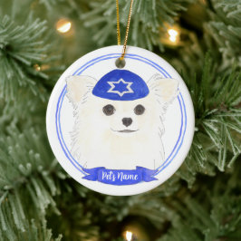 Personlig White Long Hved Chihuahua Hanukkah Julgransprydnad Keramik