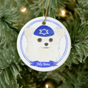 Personlig White Long Hved Chihuahua Hanukkah Julgransprydnad Keramik