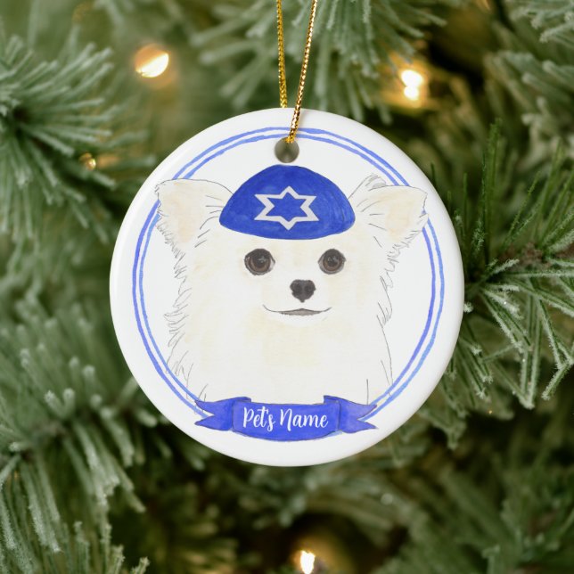 Personlig White Long Hved Chihuahua Hanukkah Julgransprydnad Keramik (Träd)