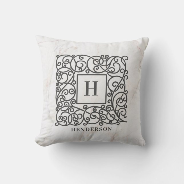 Personlig White Marble Monogram Family Namn Kudde (Framsida)