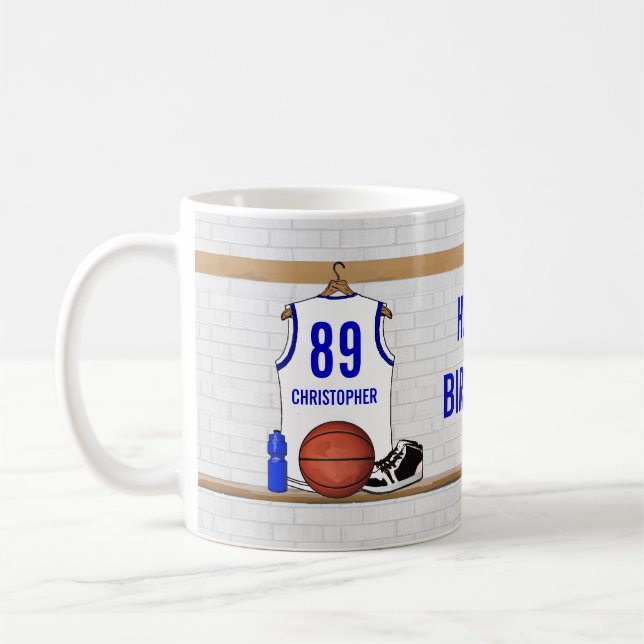 Personlig White och Blue Basketball Jersey Kaffemugg (Vänster)