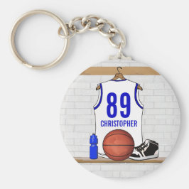 Personlig White och Blue Basketball Jersey Nyckelring