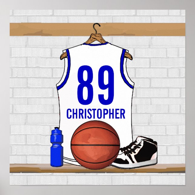 Personlig White och Blue Basketball Jersey Poster (Framsidan)