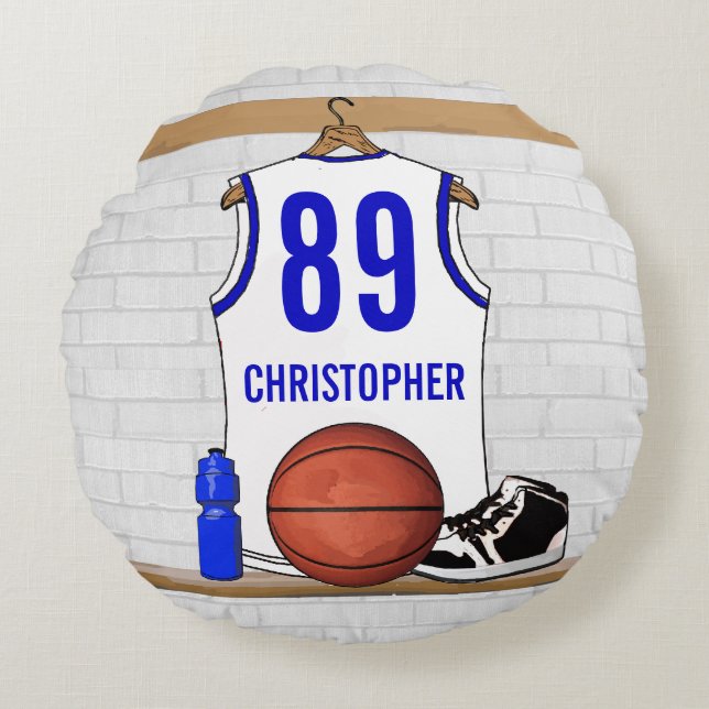 Personlig White och Blue Basketball Jersey Rund Kudde (Framsidan)