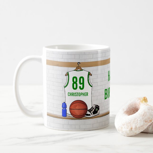 Personlig White och Grönt Basketball Jersey Kaffemugg (Med munk)