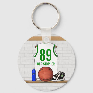 Personlig White och Grönt Basketball Jersey Nyckelring