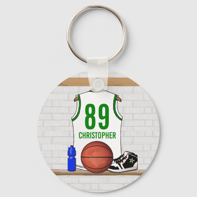 Personlig White och Grönt Basketball Jersey Nyckelring (Framsida)