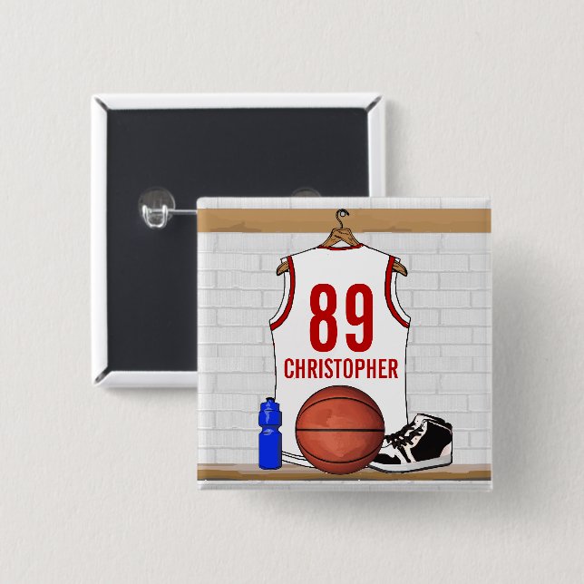 Personlig White och Red Basketball Jersey Knapp (Framsida & baksida)