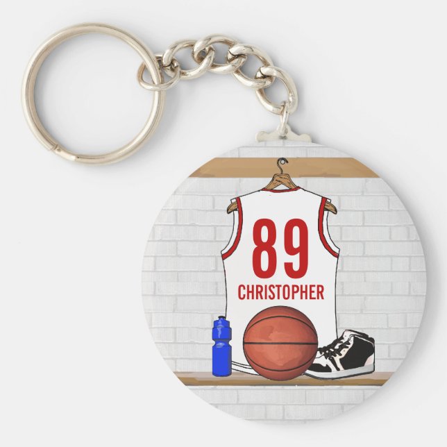 Personlig White och Red Basketball Jersey Nyckelring (Framsidan)
