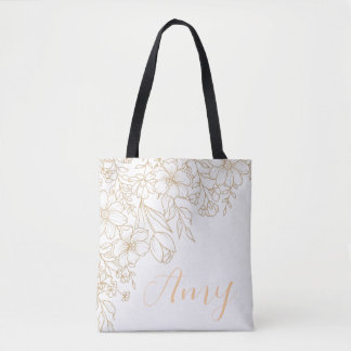 Personlig White Tote Bag - Guld Blommigt Tygkasse