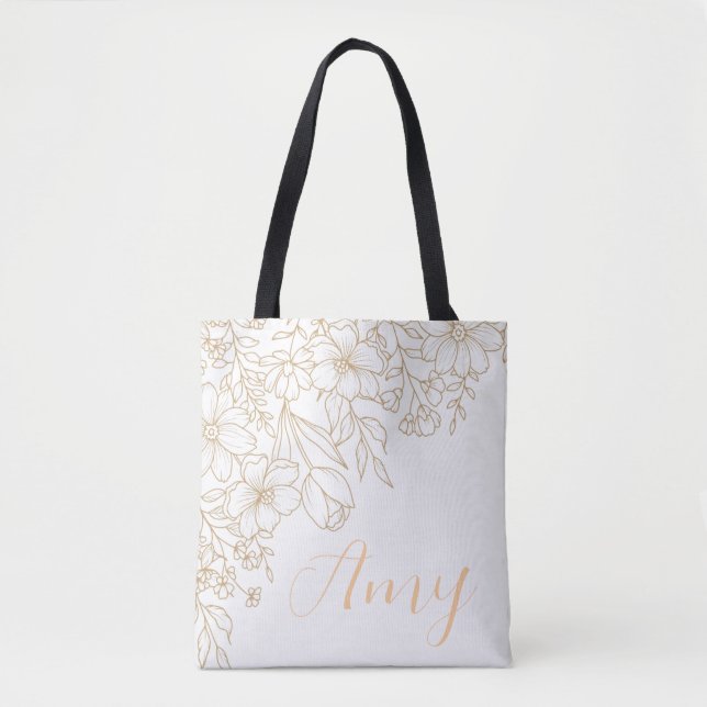 Personlig White Tote Bag - Guld Blommigt Tygkasse (Framsida)