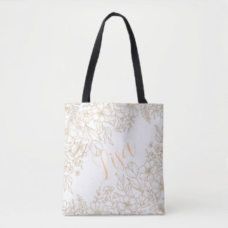 Personlig White Tote Bag - Guld Blommigt Tygkasse